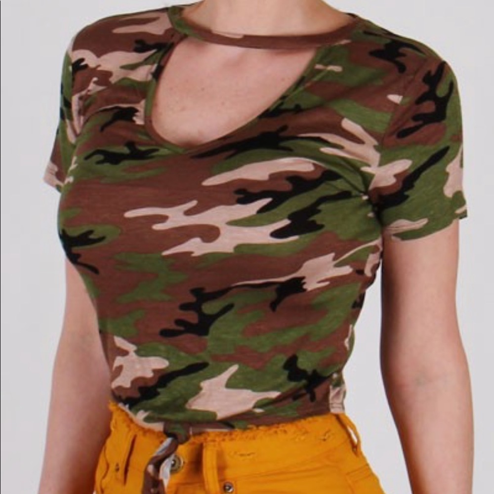 Army Green Camo V Neck Womens Tee Shirt Top